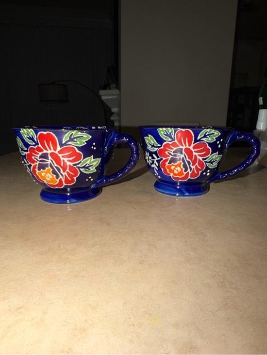 Yokohama Studio Other - Hand-Painted Blue Floral Ceramic Mugs - Set of 2